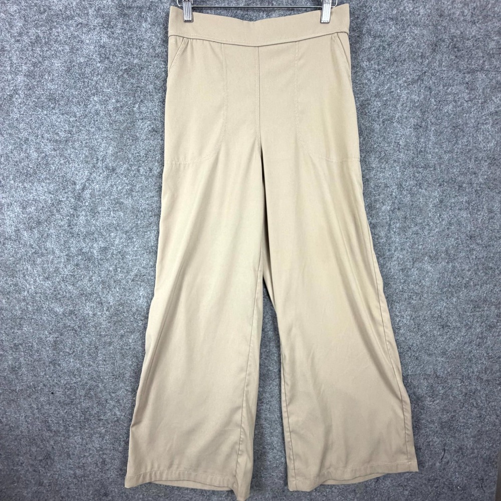 Max Studios Wide Leg Pants Womens Medium Khaki Stretch Flat Front Flowy Pullon